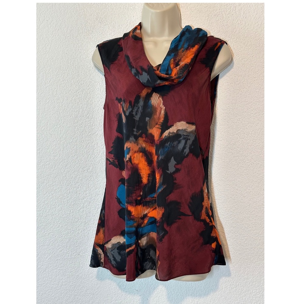 Silk Cowl Neck Sleeveless Abstract Print Burgundy Orange Blue Medium Layer Artsy